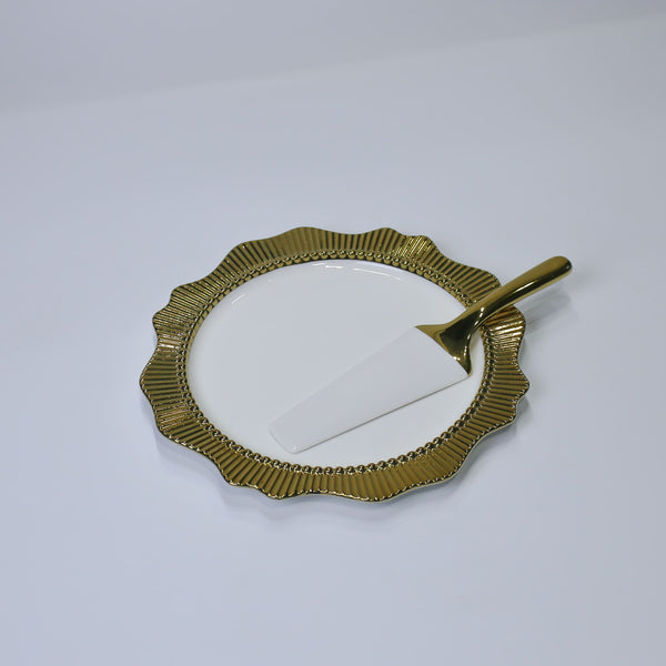 High Quality Porcelain Golden rim Cake Serving Plate with Spatula - 11 inch