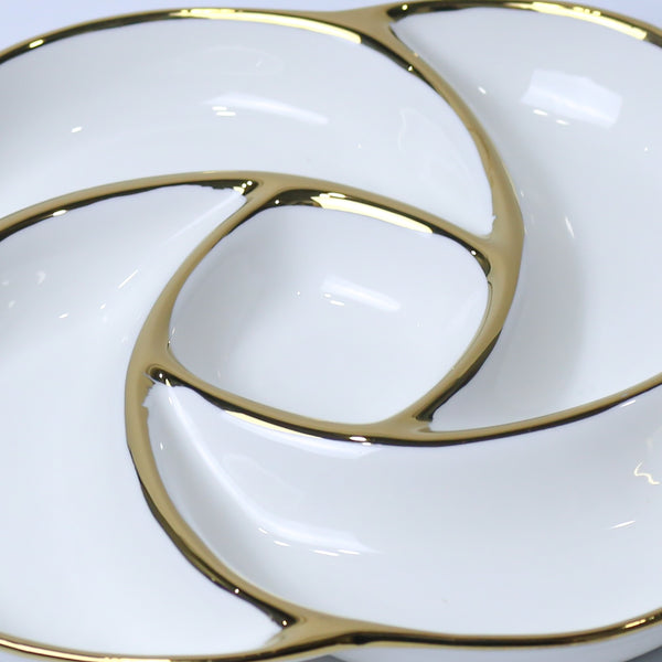 5-Section Swirl Ceramic Serving Dish With Gold Rim | Serving Dry Fruits, Snacks, Fruits, Candies | Party Serving Trays and Platters