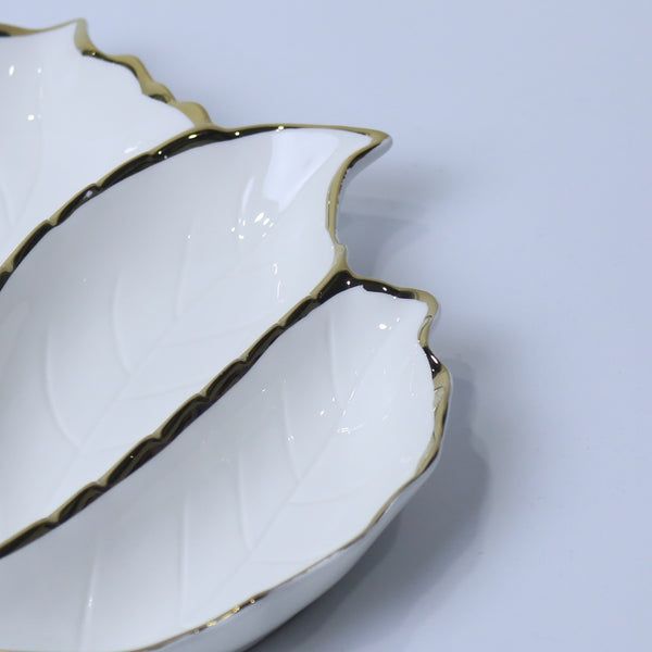 3-Section Elegant Leaf Ceramic Serving Dish With Gold Rim | Serving Dry Fruits, Snacks, Fruits, Candies | Party Serving Trays and Platters