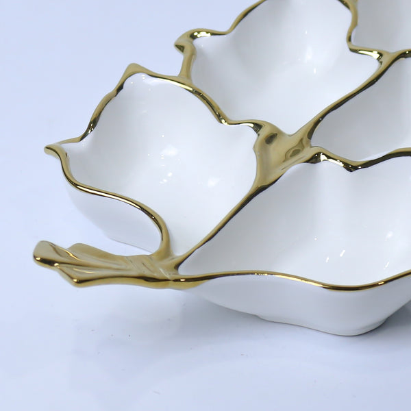 5-Section Graceful Leaf Ceramic Serving Dish With Gold Rim | Serving Dry Fruits, Snacks, Fruits, Candies | Party Serving Trays and Platters