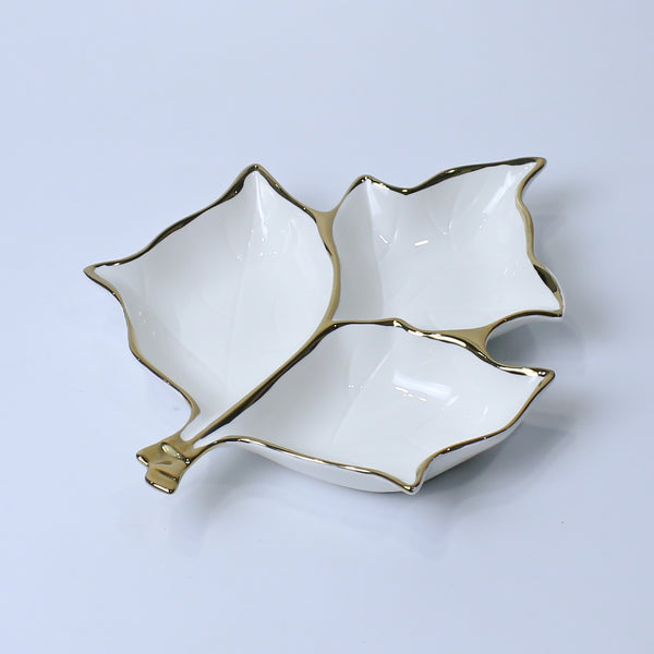 3-Section Classic Leaf Ceramic Serving Dish With Gold Rim | Serving Dry Fruits, Snacks, Fruits, Candies | Party Serving Trays and Platters