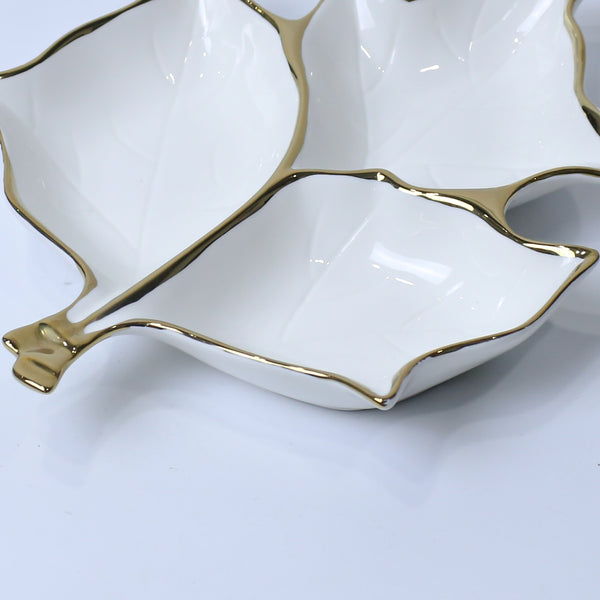 3-Section Classic Leaf Ceramic Serving Dish With Gold Rim | Serving Dry Fruits, Snacks, Fruits, Candies | Party Serving Trays and Platters