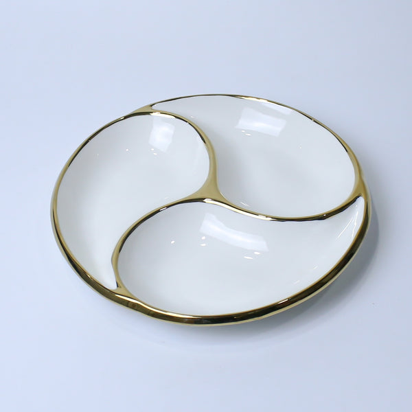 3-Section Spiral Ceramic Serving Dish With Gold Rim | Serving Dry Fruits, Snacks, Fruits, Candies | Party Serving Trays and Platters