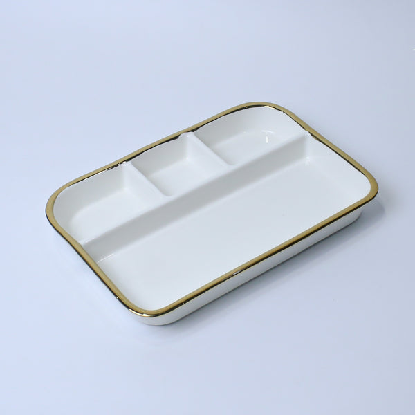 3-Section Party Pleaser Ceramic Serving Dish With Gold Rim | Serving Dry Fruits, Snacks, Fruits, Candies | Party Serving Trays and Platters