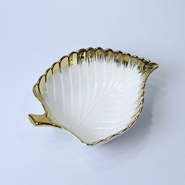 3-Section Deep Leaf Ceramic Serving Bowl With Gold Rim | Serving Dry Fruits, Snacks, Fruits, Candies | Party Serving Trays and Platters